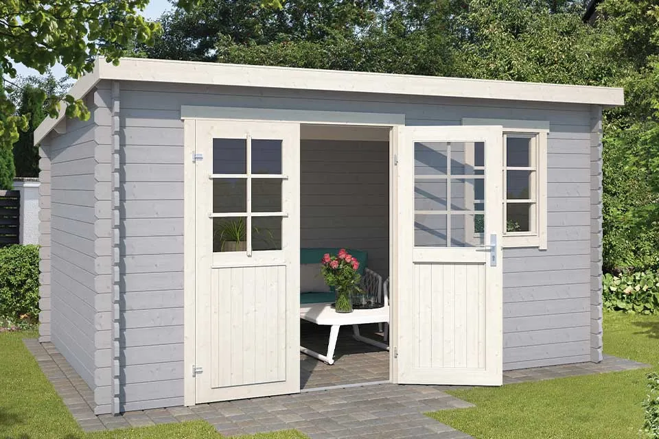 Outdoor Life Products | Tuinhuis Amira 380 x 230 | Gecoat | Platinum Grey-Wit