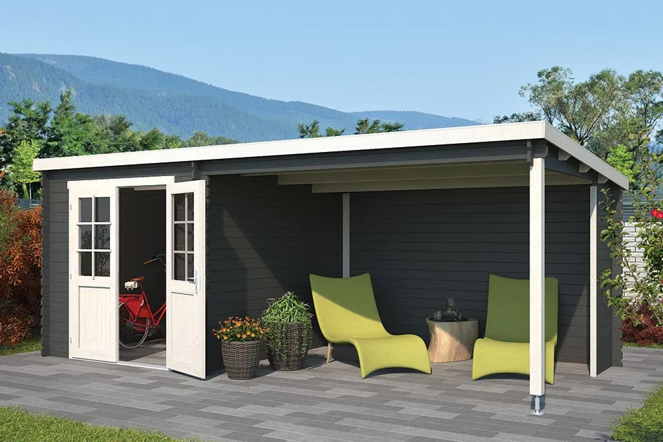 Outdoor Life Products | Tuinhuis met Overkapping Sunniva 570 x 275 | Gecoat | Carbon Grey-Wit
