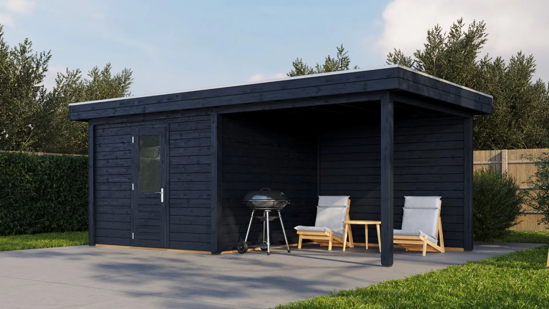 Lugarde Select Modern | Tuinhuis Nunspeet met Veranda Rechts 300 + 300 x 300 | Zwart Geolied