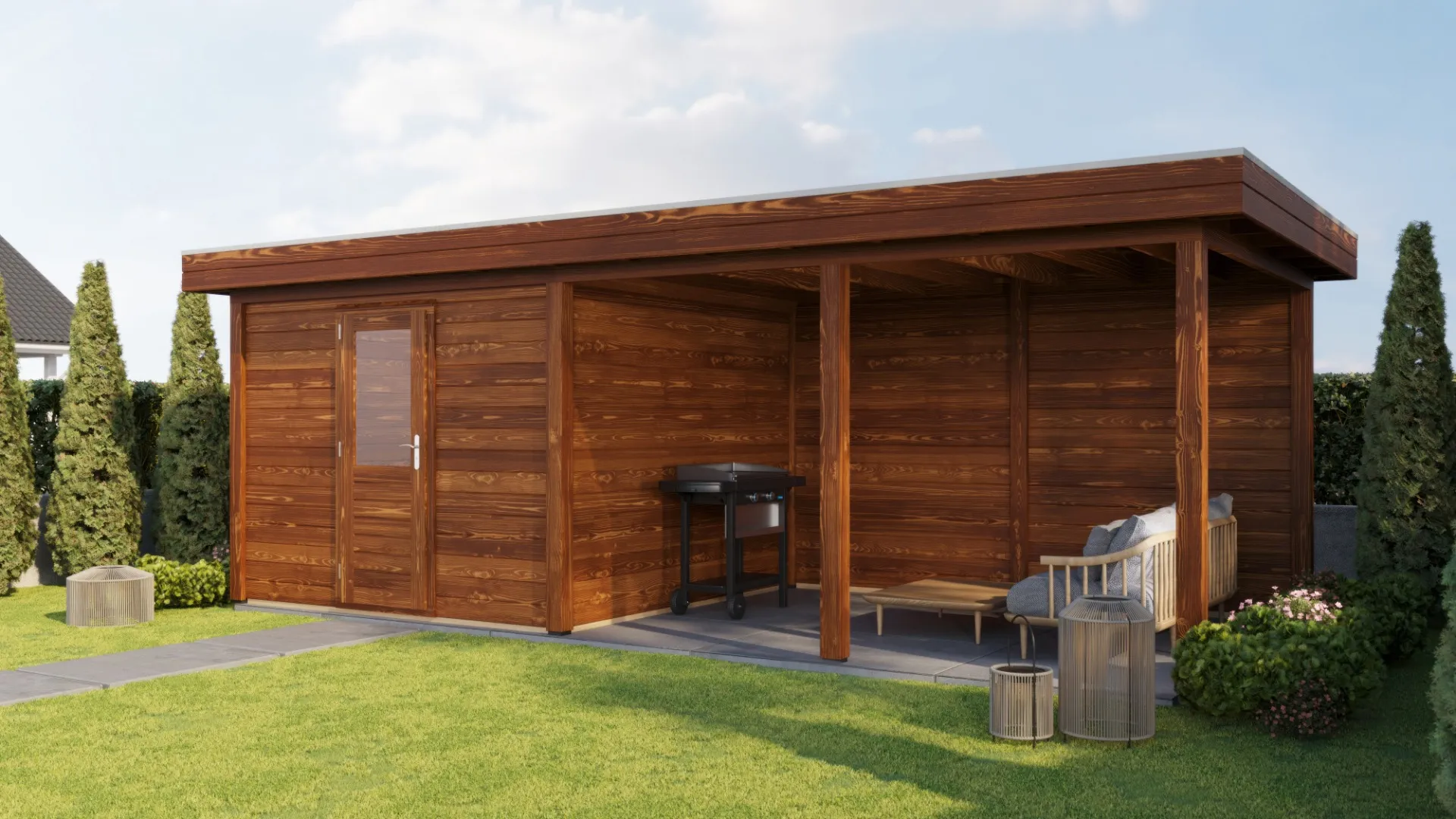 Lugarde Select Modern | Tuinhuis Lelystad met Veranda Rechts 300 + 400 x 300 | Bruin Geolied