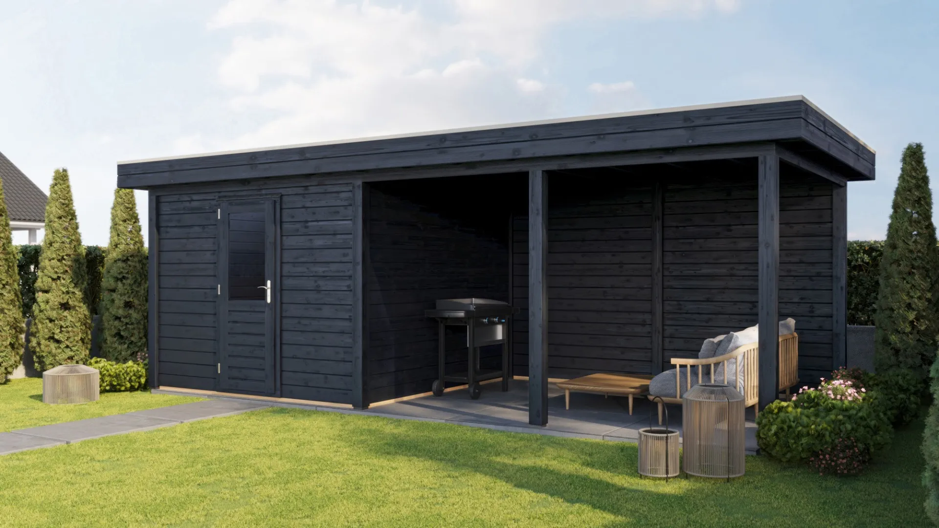 Lugarde Select Modern | Tuinhuis Lelystad met Veranda Rechts 300 + 400 x 300 | Zwart Geolied