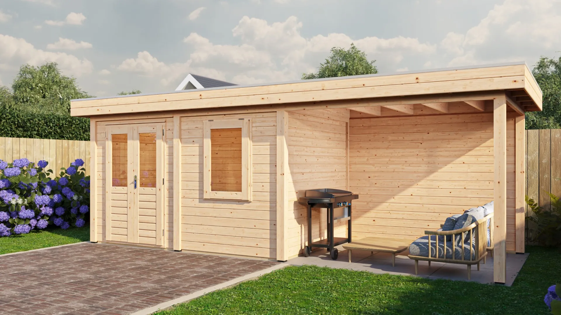 Lugarde Select Modern | Tuinhuis Neerkant met Veranda Rechts 388 + 300 x 250 | Onbehandeld