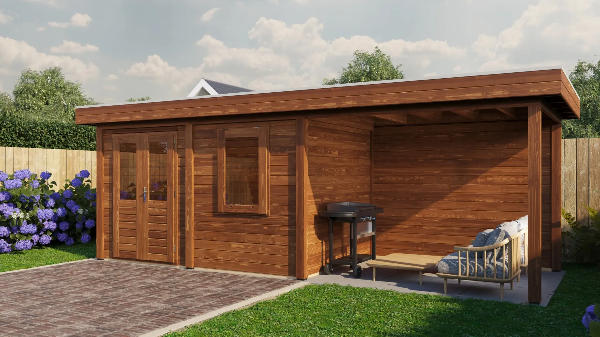 Lugarde Select Modern | Tuinhuis Neerkant met Veranda Rechts 388 + 300 x 250 | Bruin Geolied