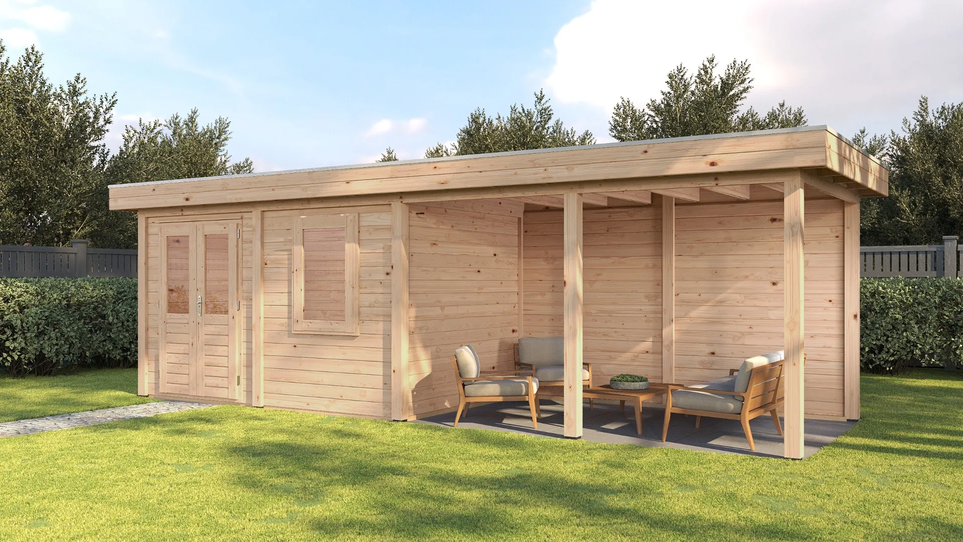 Lugarde Select Modern | Tuinhuis Dronten met Veranda Rechts 388 + 400 x 250 | Onbehandeld