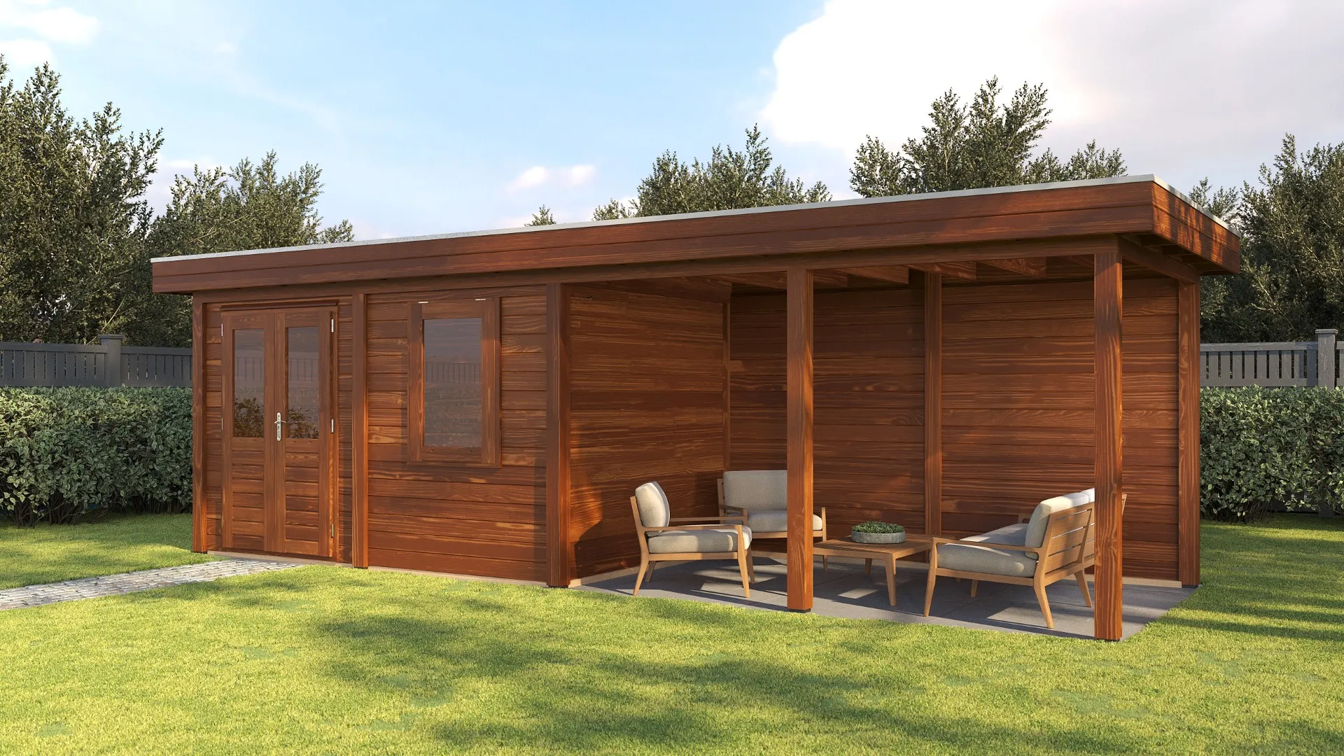 Lugarde Select Modern | Tuinhuis Dronten met Veranda Rechts 388 + 400 x 250 | Bruin Geolied