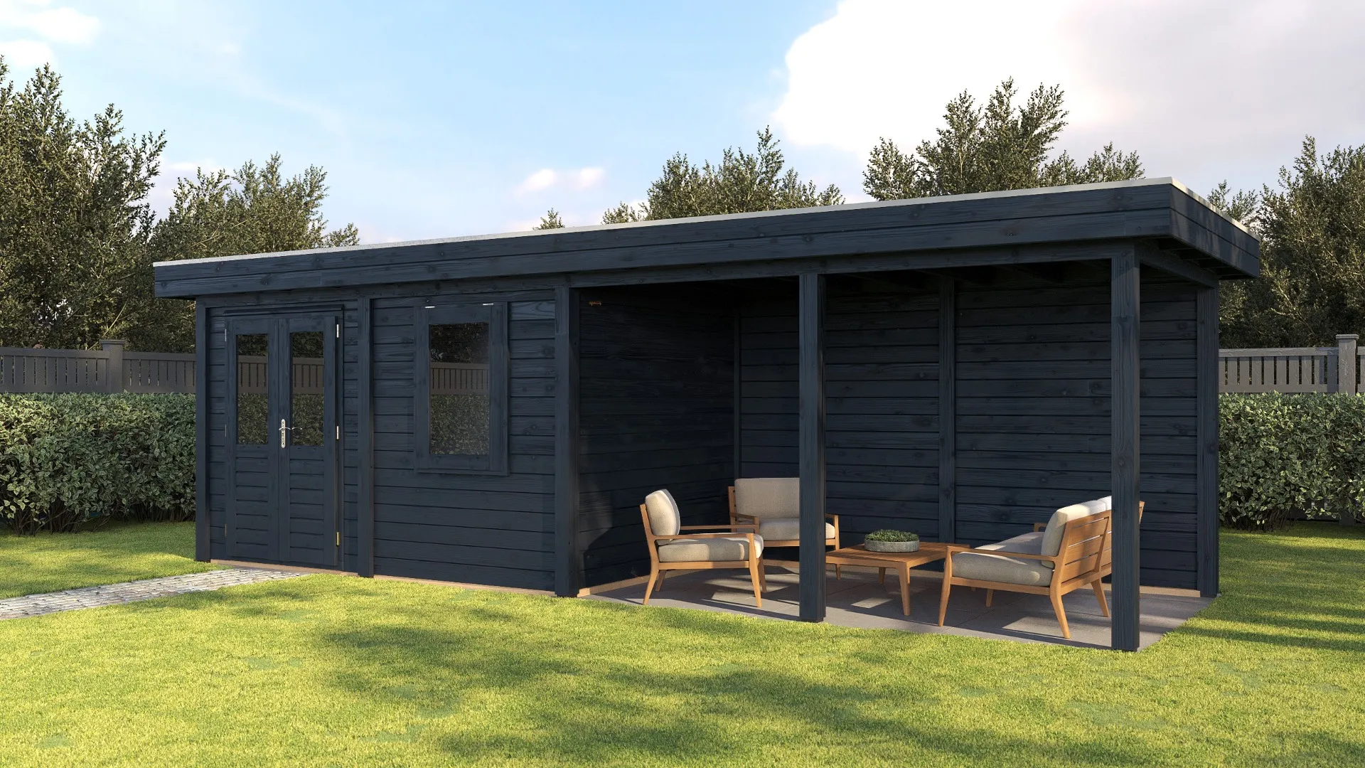 Lugarde Select Modern | Tuinhuis Dronten met Veranda Rechts 388 + 400 x 250 | Zwart Geolied