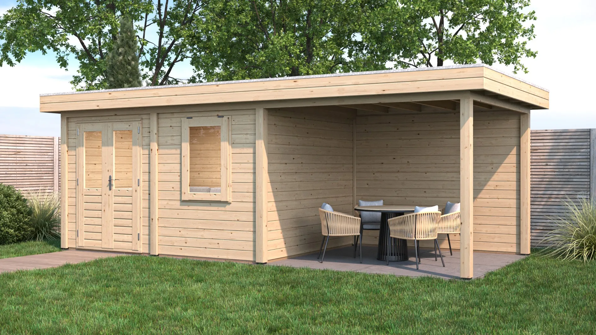 Lugarde Select Modern | Tuinhuis Emmen met Veranda Rechts 388 + 300 x 300 | Onbehandeld