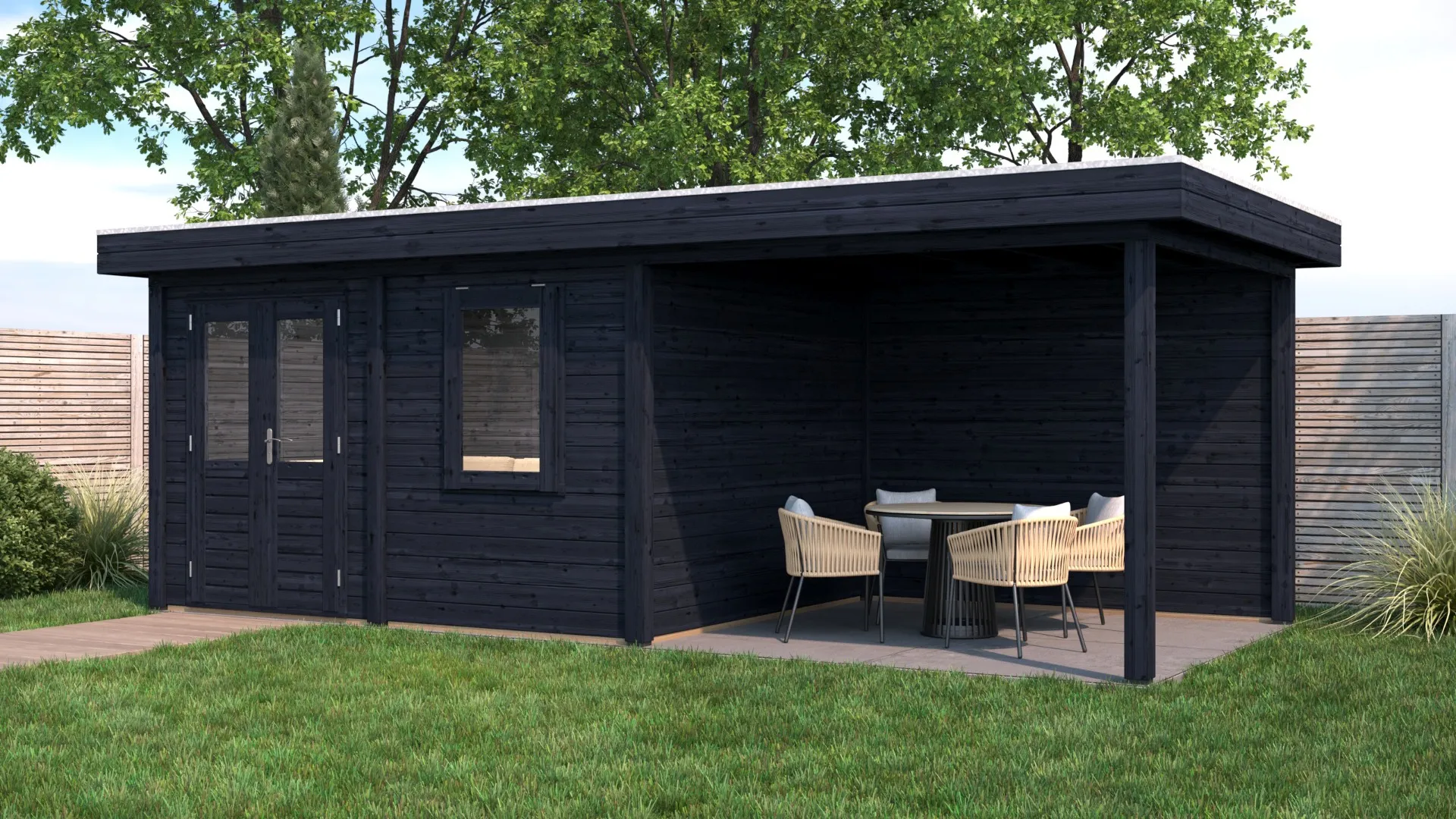 Lugarde Select Modern | Tuinhuis Emmen met Veranda Rechts 388 + 300 x 300 | Zwart Geolied
