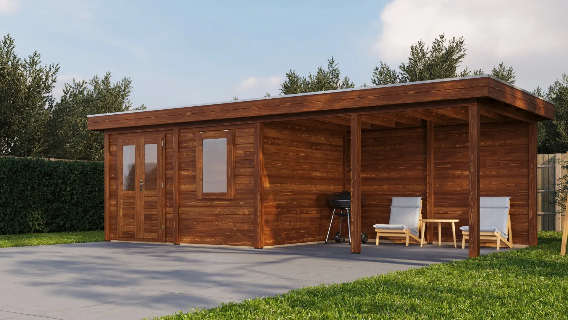Lugarde Select Modern | Tuinhuis Zutphen met Veranda Rechts 388 + 400 x 300 | Bruin Geolied