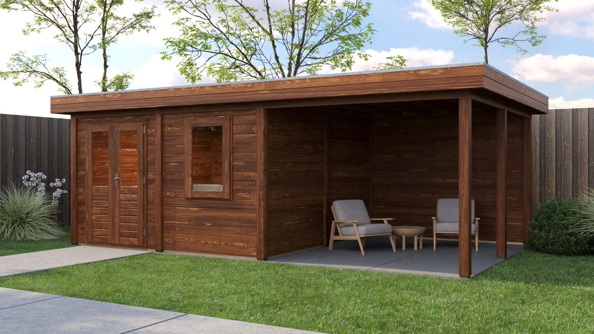 Lugarde Select Modern | Tuinhuis Almere met Veranda Rechts 388 + 300 x 388 | Bruin Geolied