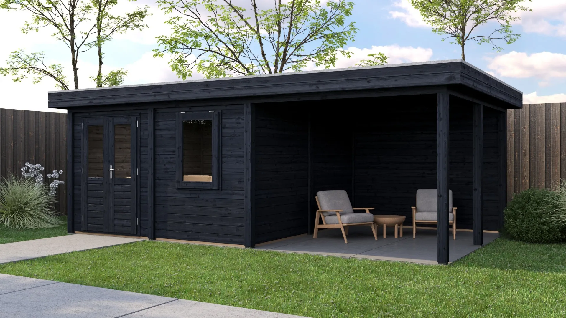 Lugarde Select Modern | Tuinhuis Almere met Veranda Rechts 388 + 300 x 388 | Zwart Geolied