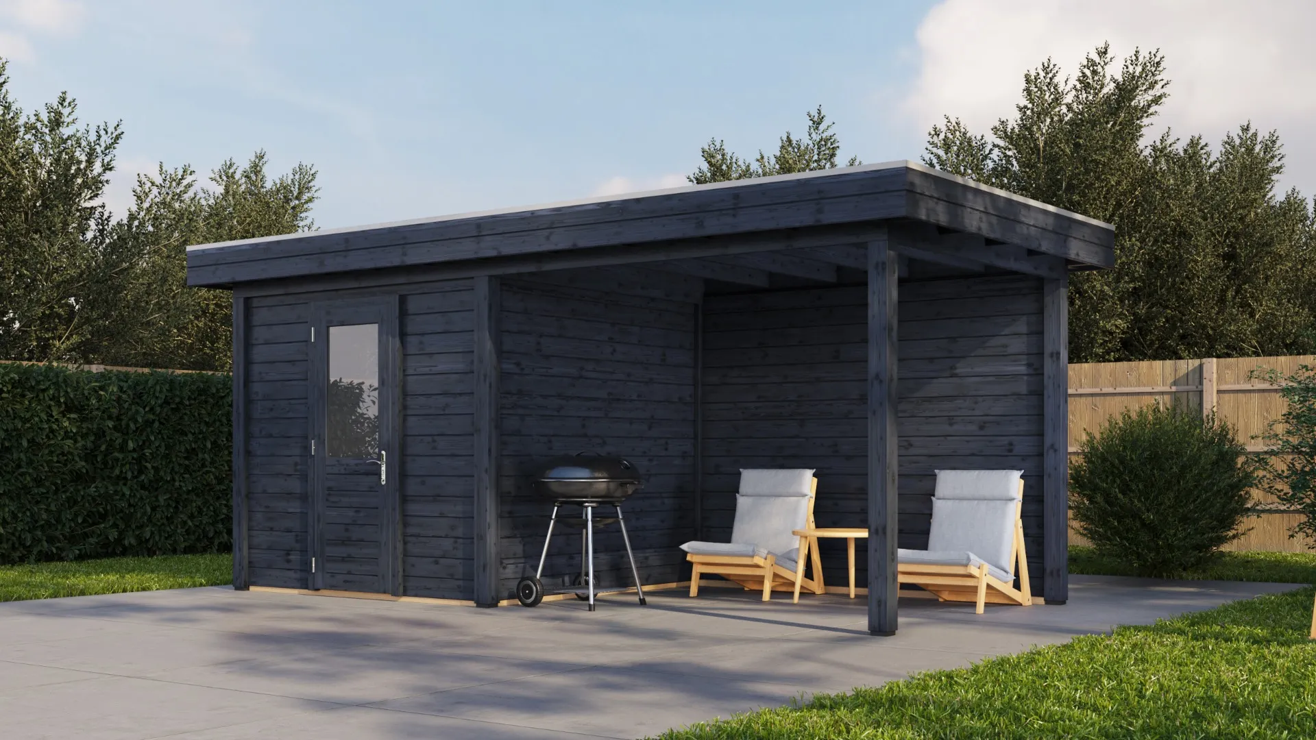 Lugarde Select Modern | Tuinhuis Vught met Veranda Rechts 250 + 300 x 250 | Zwart Geolied