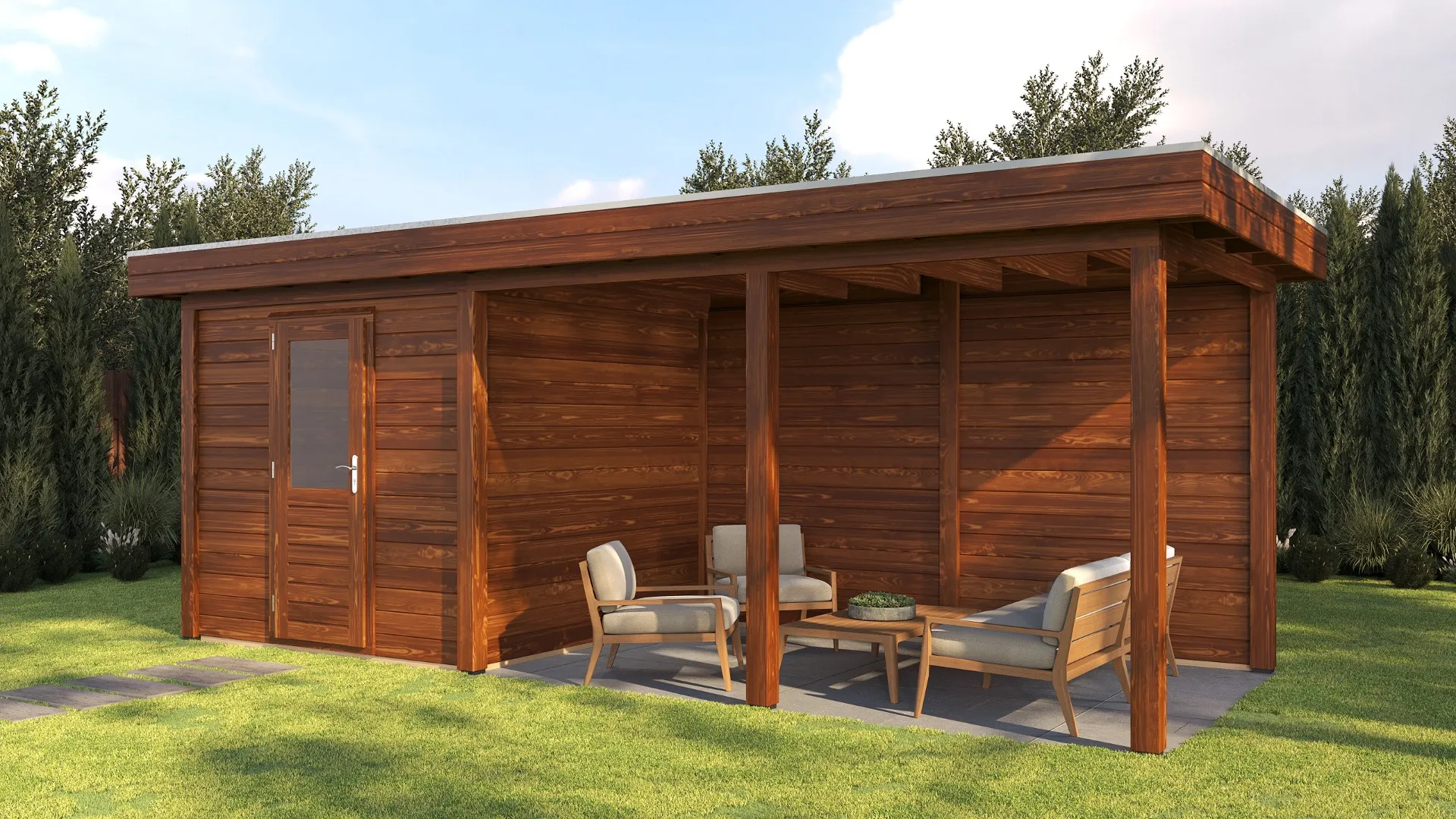 Lugarde Select Modern | Tuinhuis Dordrecht met Veranda Rechts 250 + 400 x 250 | Bruin Geolied
