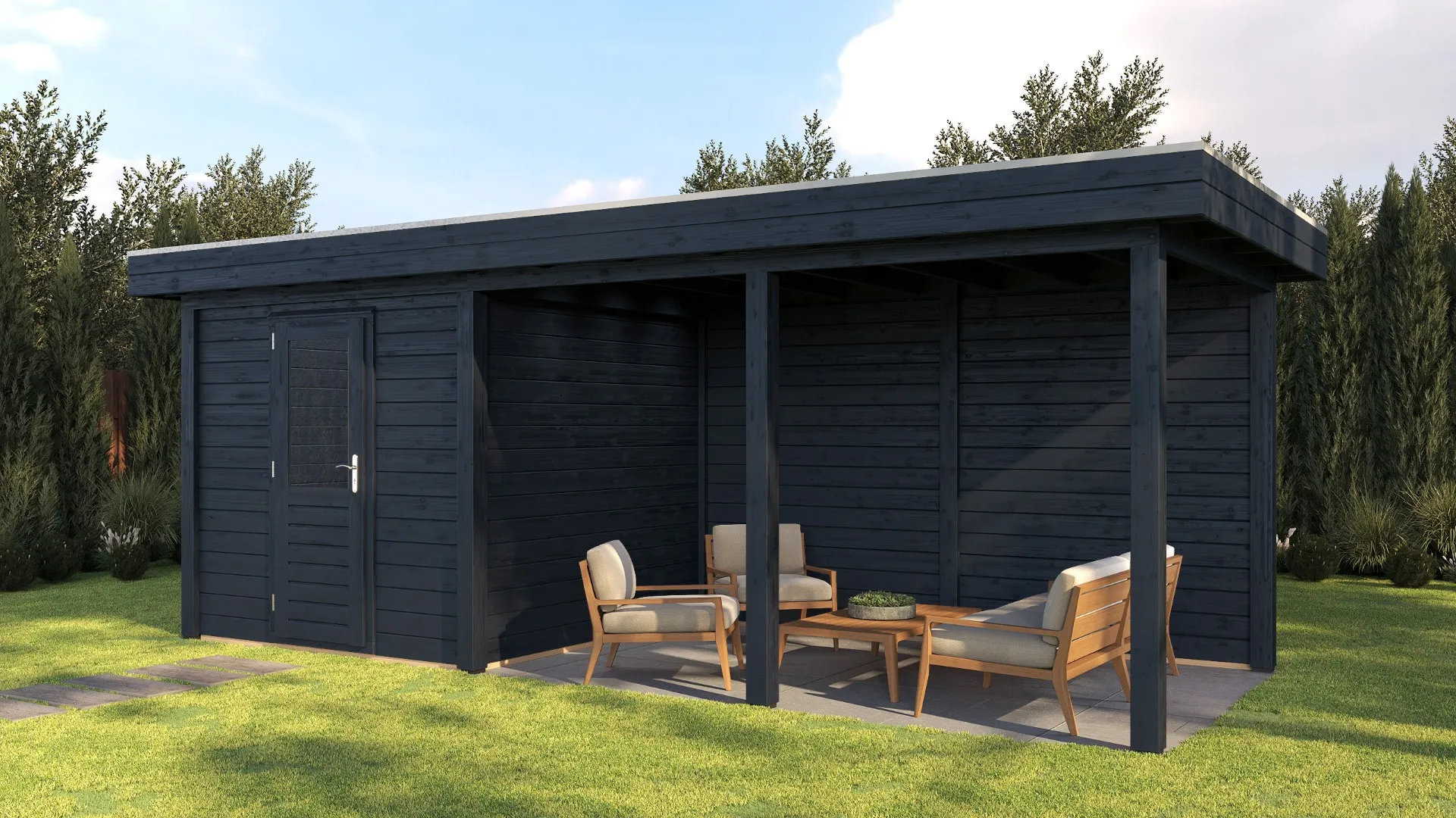 Lugarde Select Modern | Tuinhuis Dordrecht met Veranda Rechts 250 + 400 x 250 | Zwart Geolied