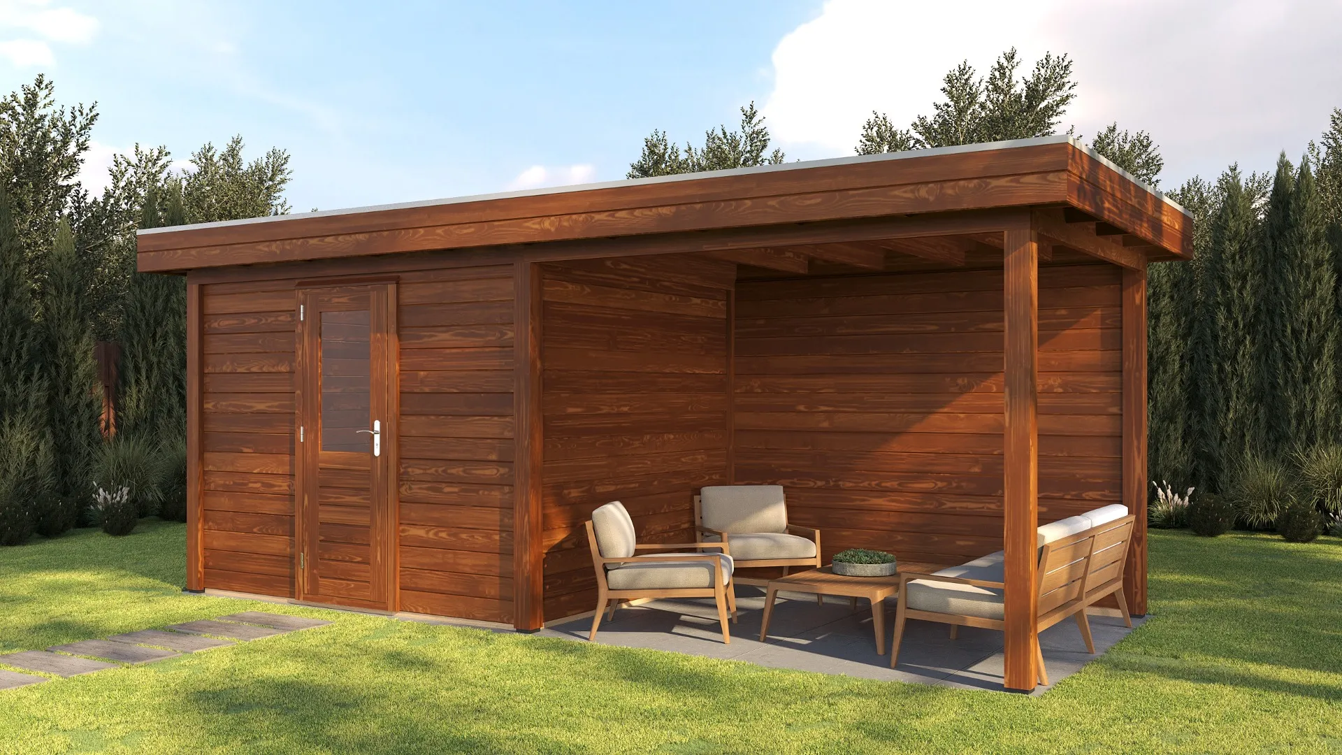 Lugarde Select Modern | Tuinhuis Tilburg met Veranda Rechts 300 + 300 x 250 | Bruin Geolied