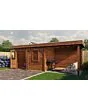 Lugarde Select Modern | Tuinhuis Neerkant met Veranda Rechts 388 + 300 x 250 | Bruin Geolied