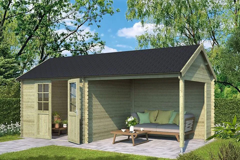 Outdoor Life Products | Tuinhuis met Overkapping Fraya 570 x 275 | Geïmpregneerd | Olijfgroen