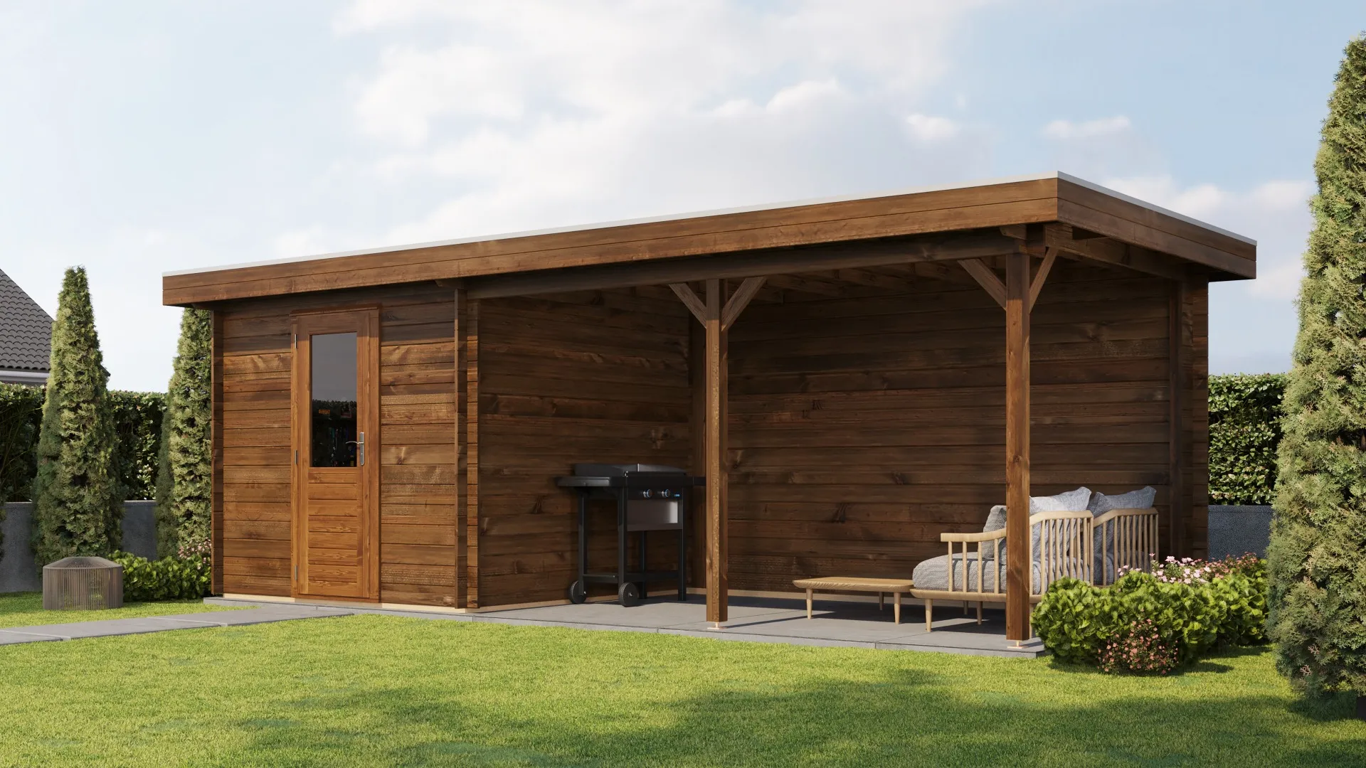 Lugarde Select | Tuinhuis Ede met Overkapping Rechts 250 + 400 x 250 | Keteldruk Bruin