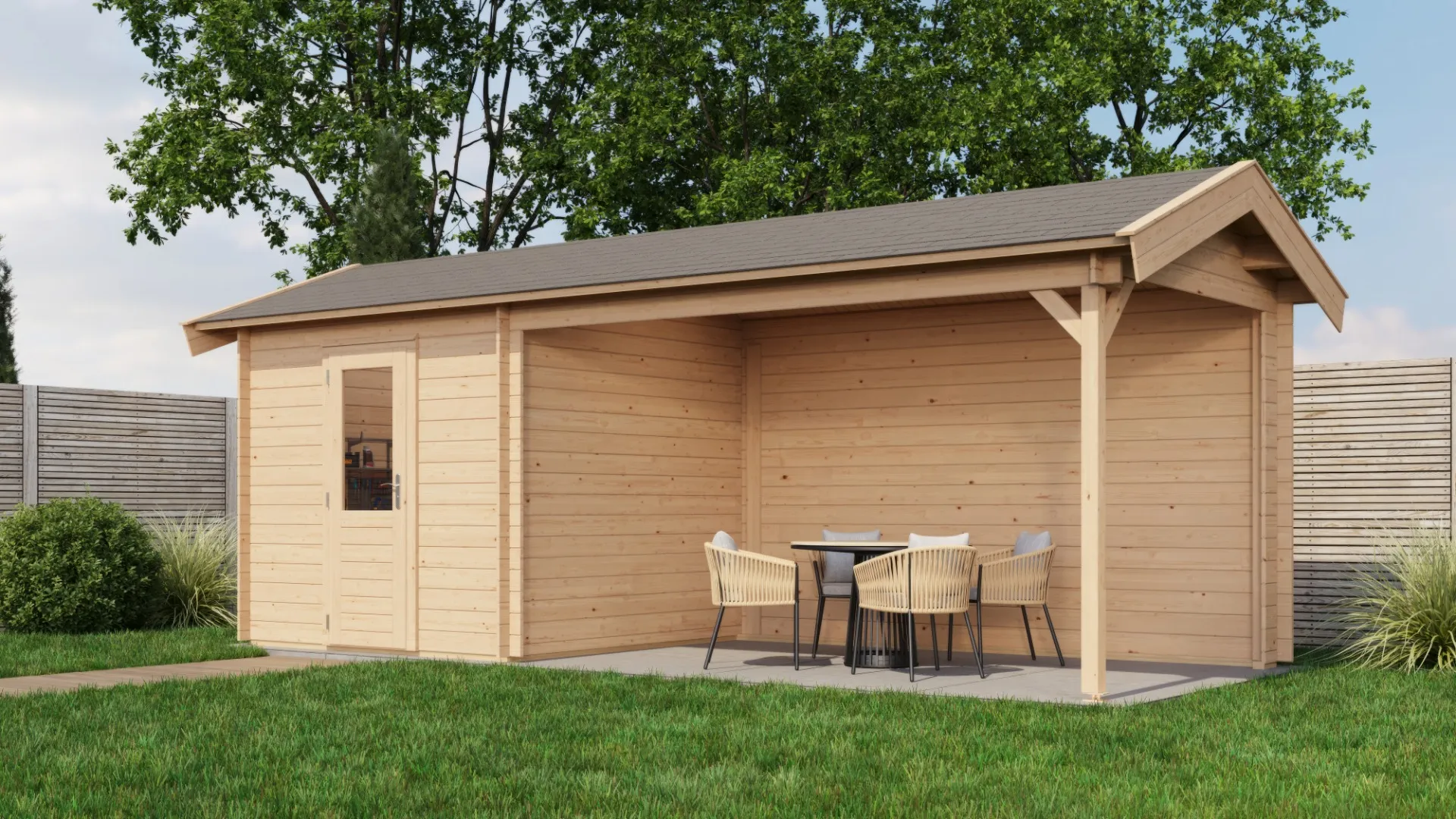 Lugarde Select | Tuinhuis Oldenzaal met Overkapping Rechts 250 + 400 x 250 | Onbehandeld