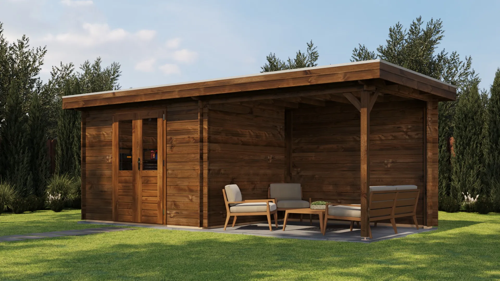 Lugarde Select | Tuinhuis Wageningen met Overkapping Rechts 300 + 300 x 250 | Keteldruk Bruin