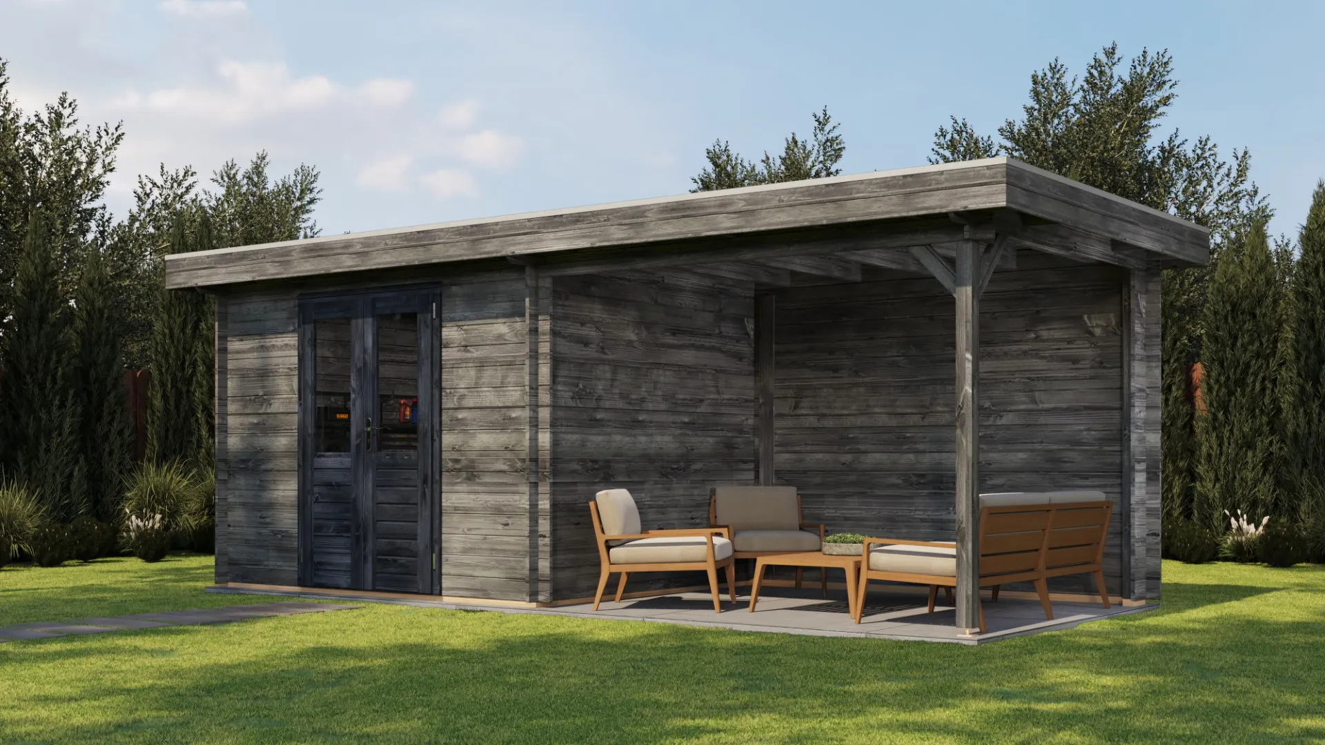 Lugarde Select | Tuinhuis Wageningen met Overkapping Rechts 300 + 300 x 250 | Keteldruk Grijs