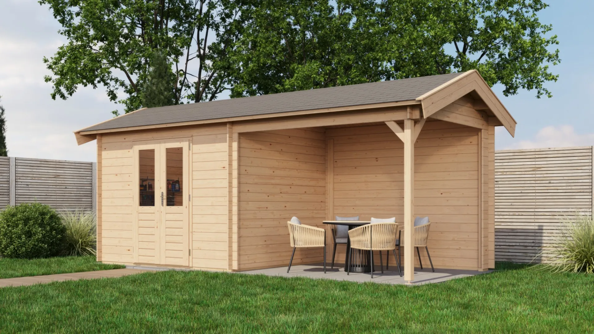 Lugarde Select | Tuinhuis Varsseveld met Overkapping Rechts 300 + 300 x 250 | Onbehandeld