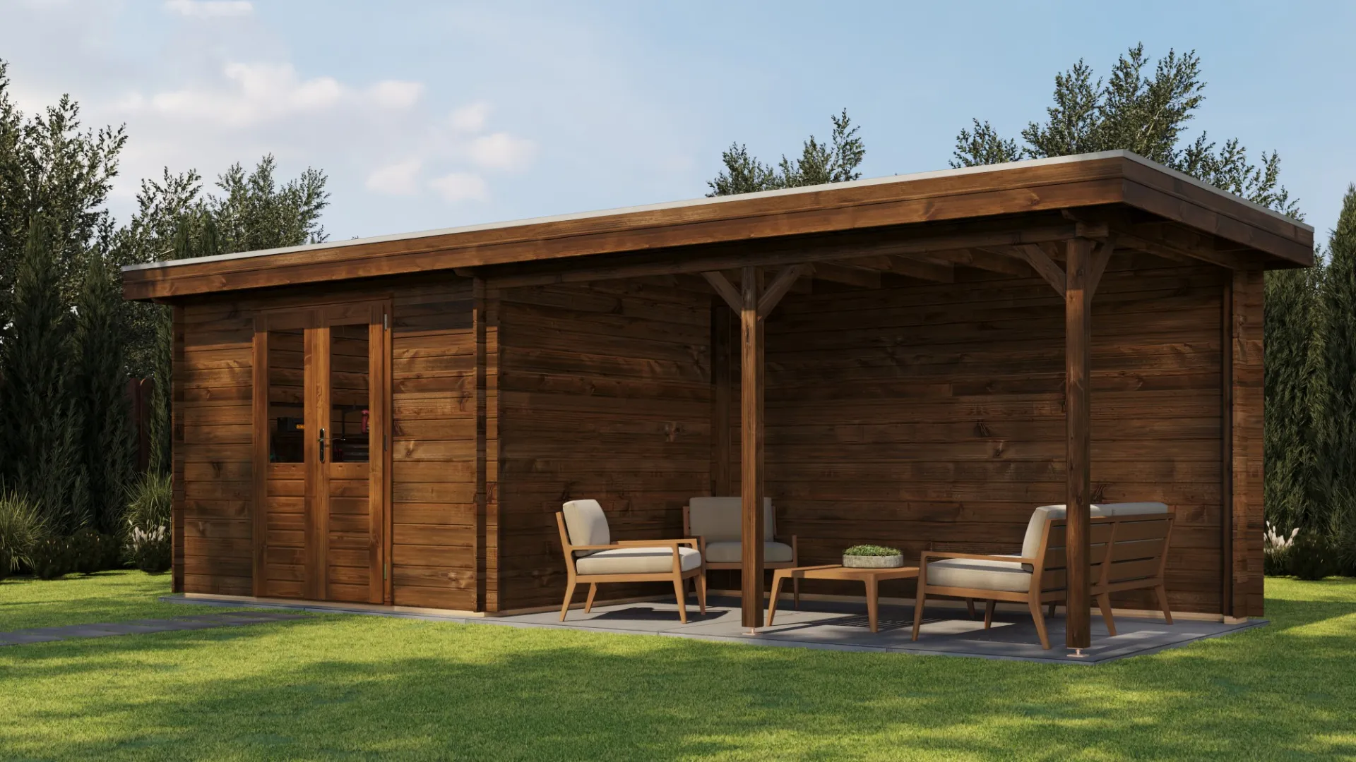 Lugarde Select | Tuinhuis Zandvoort met Overkapping Rechts 300 + 400 x 250 | Keteldruk Bruin