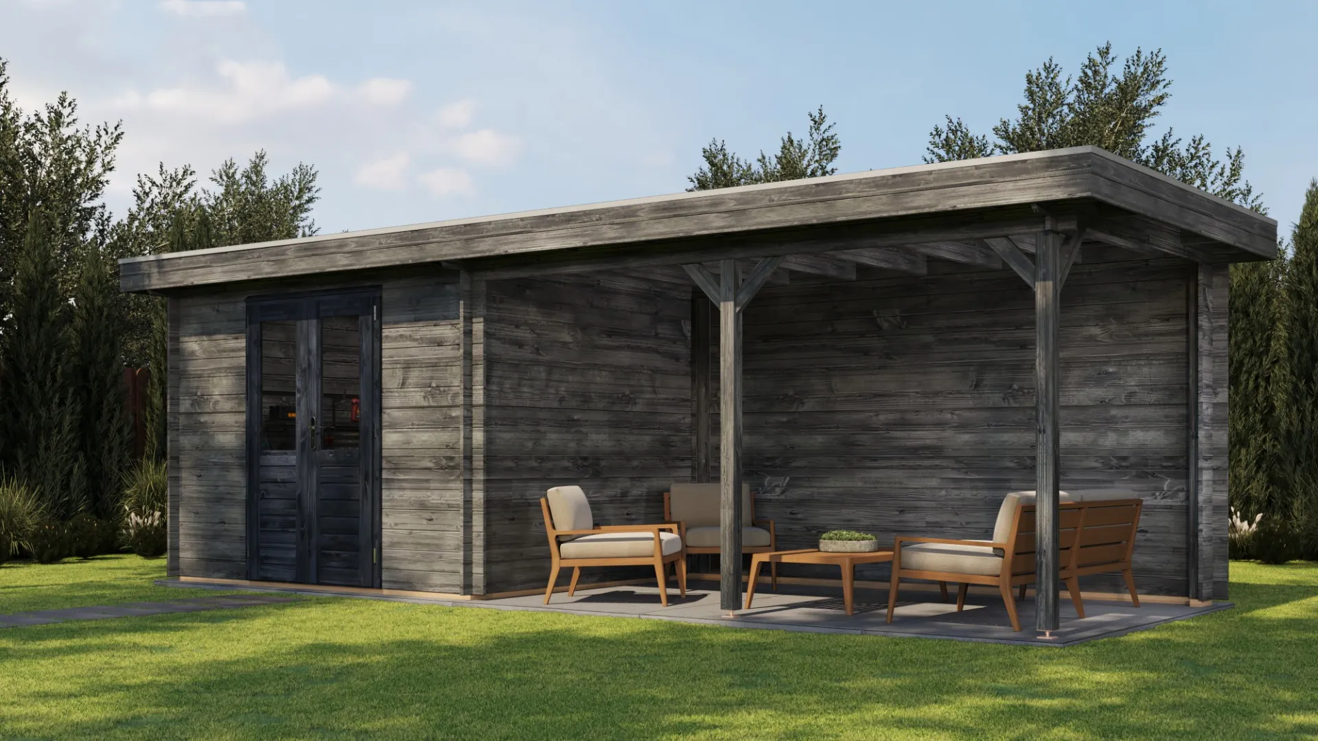 Lugarde Select | Tuinhuis Zandvoort met Overkapping Rechts 300 + 400 x 250 | Keteldruk Grijs