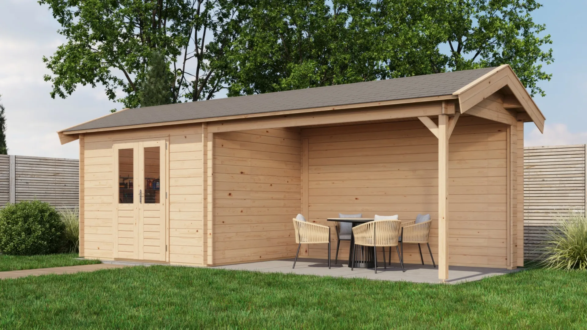 Lugarde Select | Tuinhuis Borne met Overkapping Rechts 300 + 400 x 250 | Onbehandeld