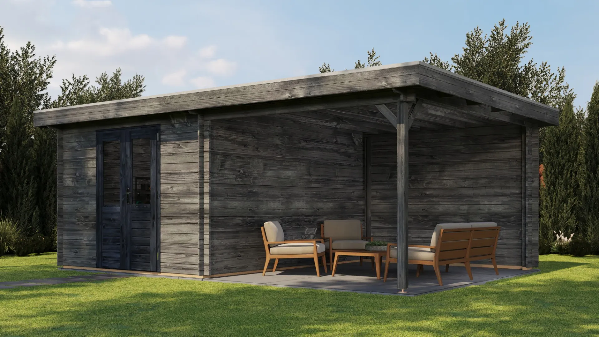 Lugarde Select | Tuinhuis Tiel met Overkapping Rechts 300 + 300 x 400 | Keteldruk Grijs