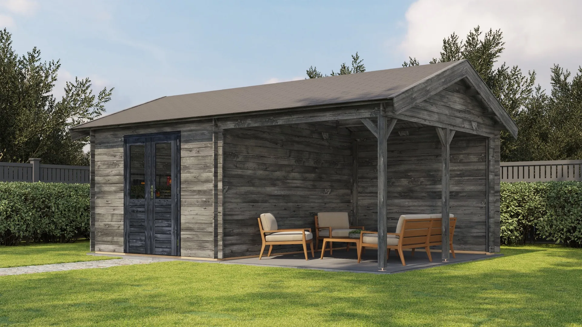 Lugarde Select | Tuinhuis Hattem met Overkapping Rechts 300 + 300 x 400 | Keteldruk Grijs