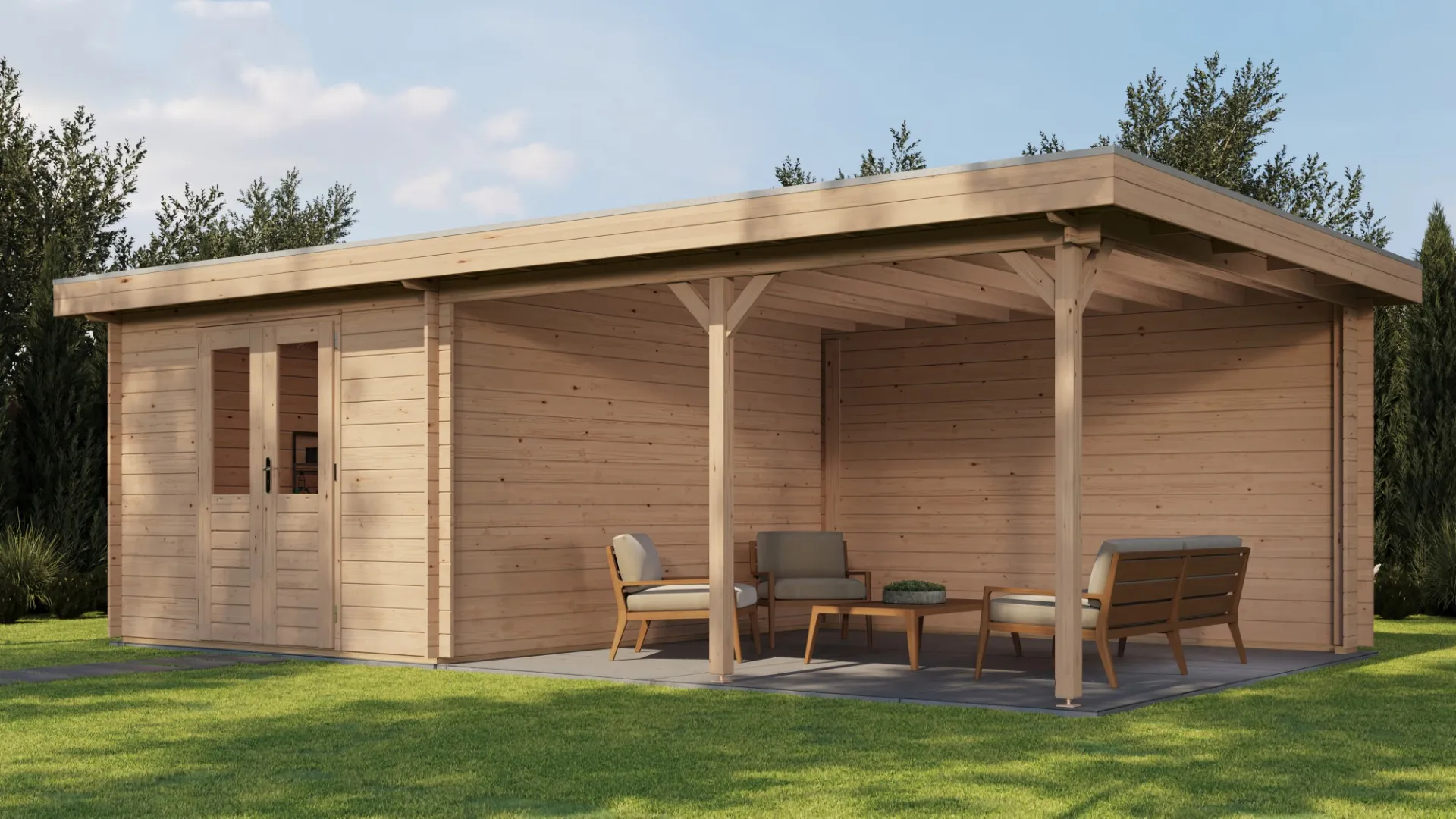 Lugarde Select | Tuinhuis Culemborg met Overkapping Rechts 300 + 400 x 400 | Onbehandeld