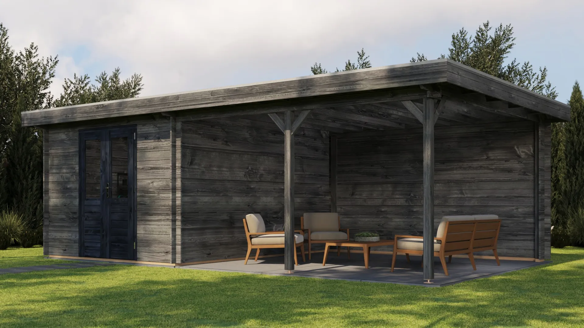 Lugarde Select | Tuinhuis Culemborg met Overkapping Rechts 300 + 400 x 400 | Keteldruk Grijs
