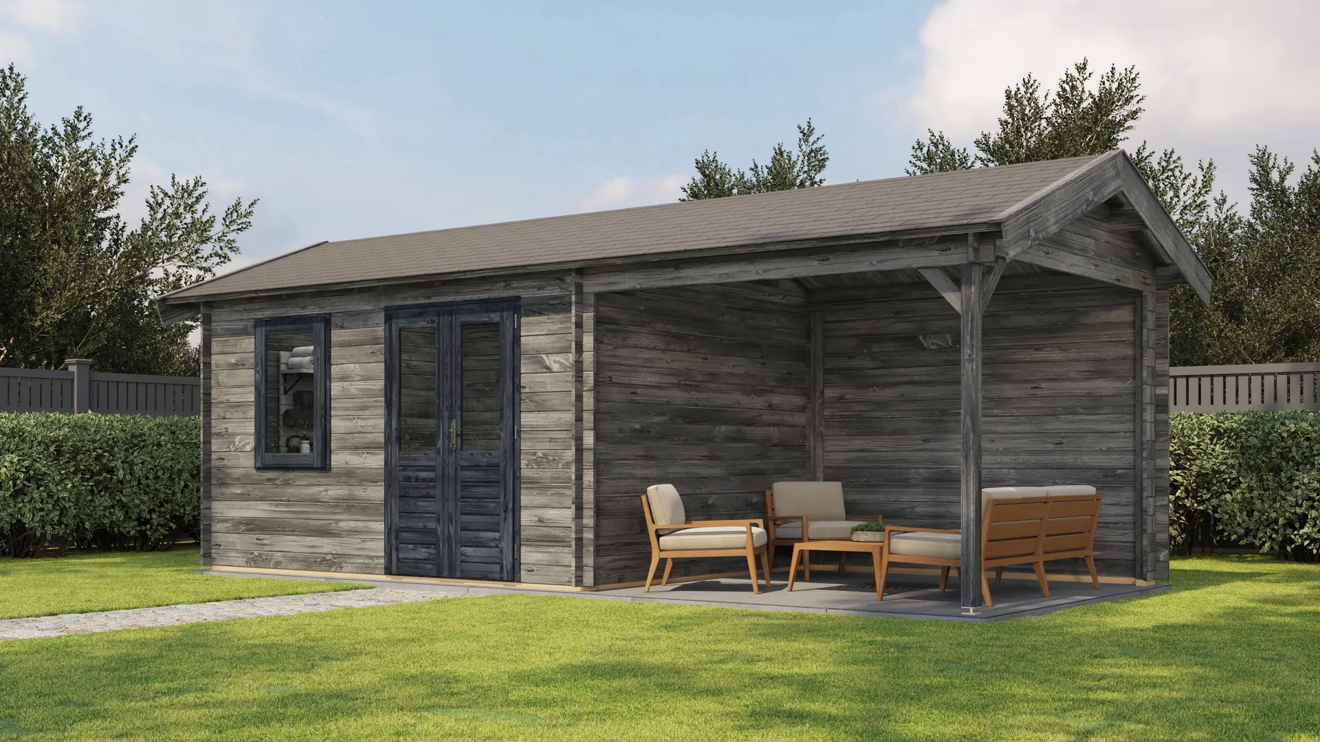 Lugarde Select | Tuinhuis Holten met Overkapping Rechts 400 + 300 x 300 | Keteldruk Grijs