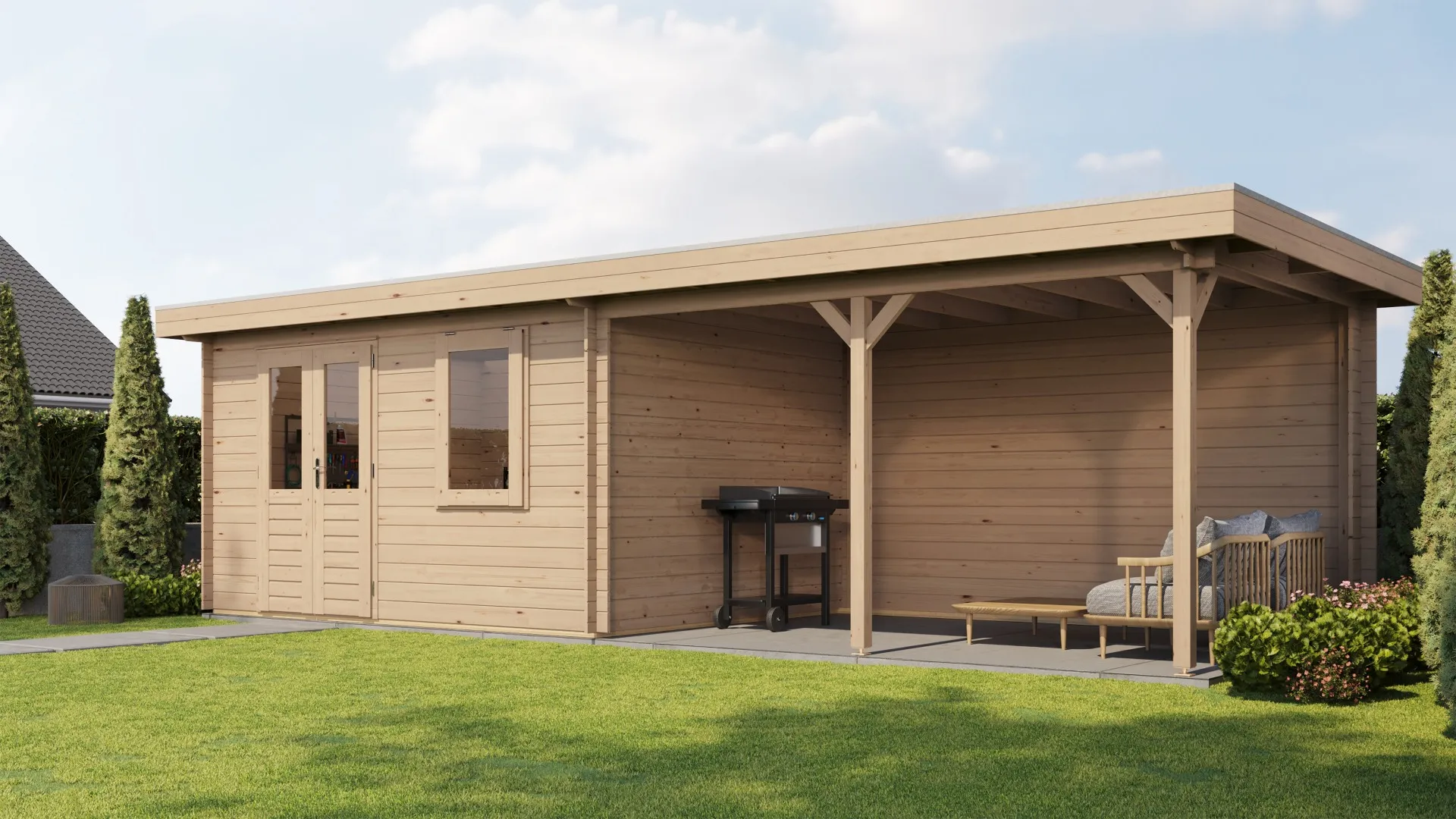 Lugarde Select | Tuinhuis Huissen met Overkapping Rechts 400 + 400 x 300 | Onbehandeld