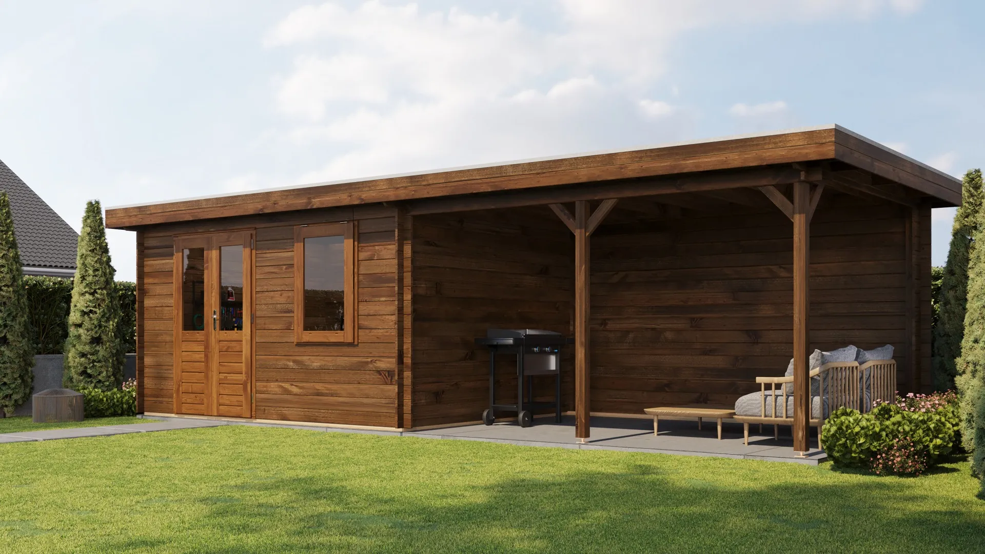 Lugarde Select | Tuinhuis Huissen met Overkapping Rechts 400 + 400 x 300 | Keteldruk Bruin