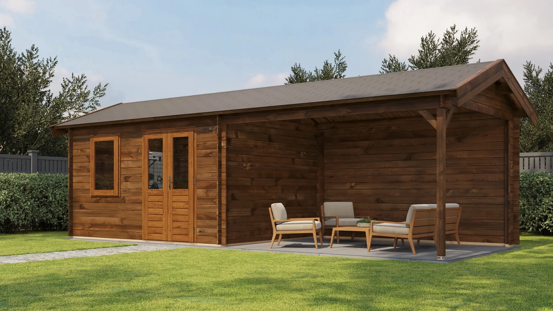Lugarde Select | Tuinhuis Voorst met Overkapping Rechts 400 + 400 x 300 | Keteldruk Bruin