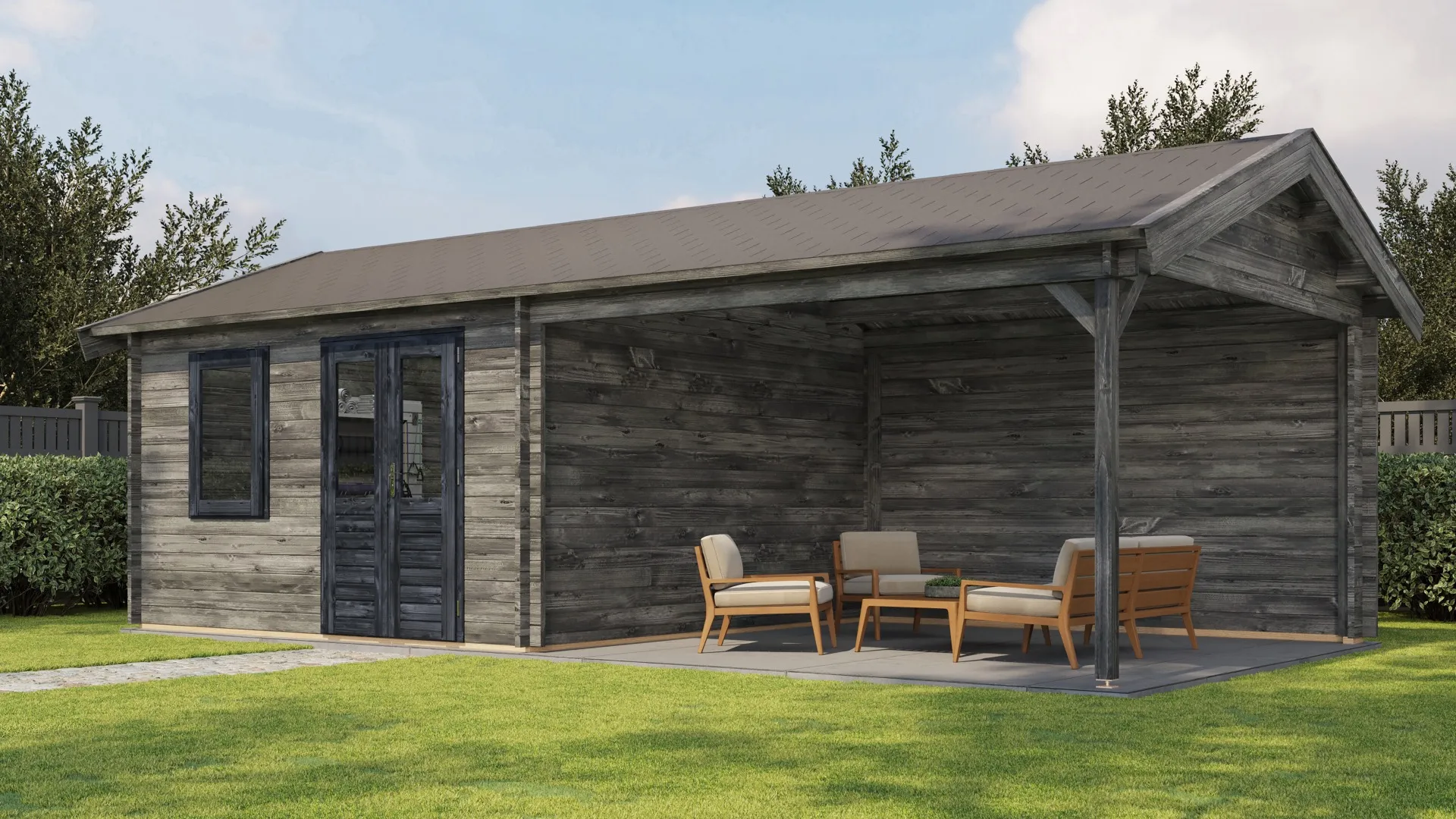 Lugarde Select | Tuinhuis Rozendaal met Overkapping Rechts 400 + 400 x 400 | Keteldruk Grijs