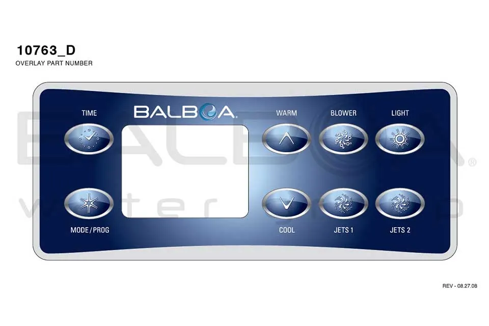 Balboa | Top Side Panel VL801D - Time, Mode/Prog, Warm, Cool, Blower, Jets 1, Light, Jets 2